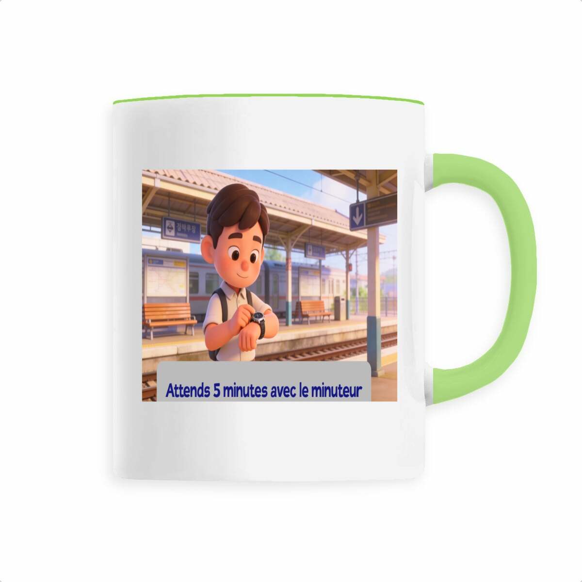 Image front tasse ceramique attends 5 minutes avec le minuteur