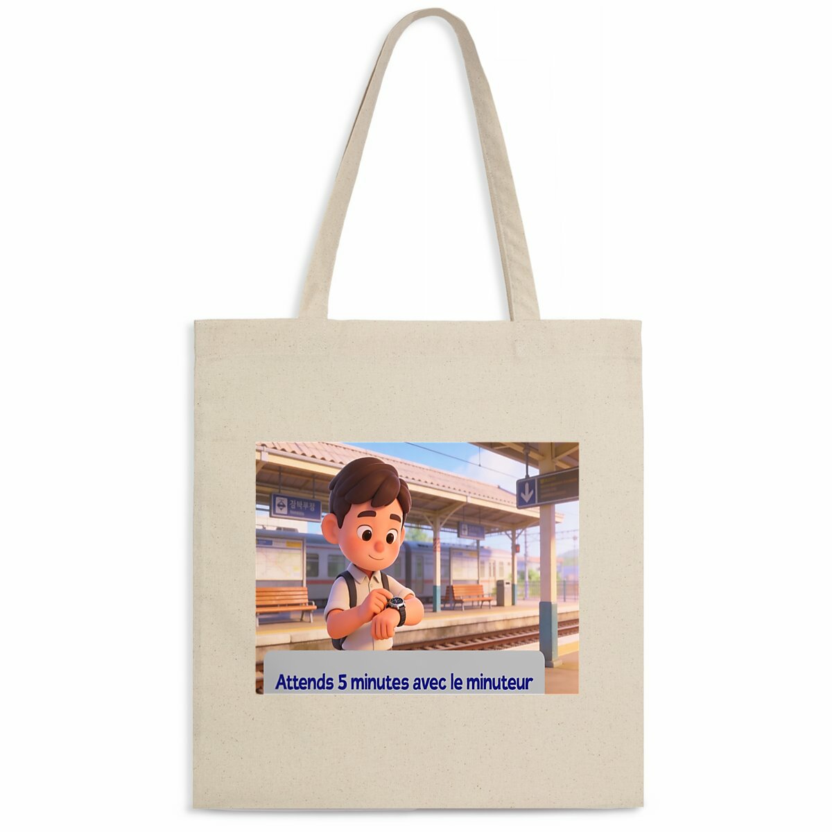 Image front totebag leger attends 5 minutes avec le minuteur