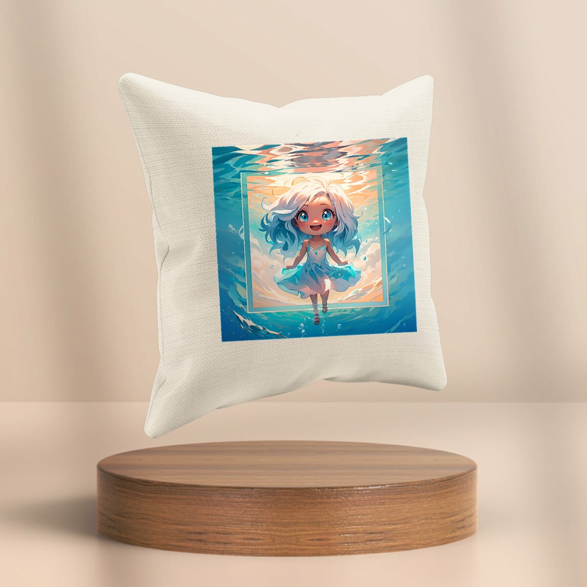 Image front Kawaii Water Girl Throw Pillow – Cute and Cozy Kawaii Art