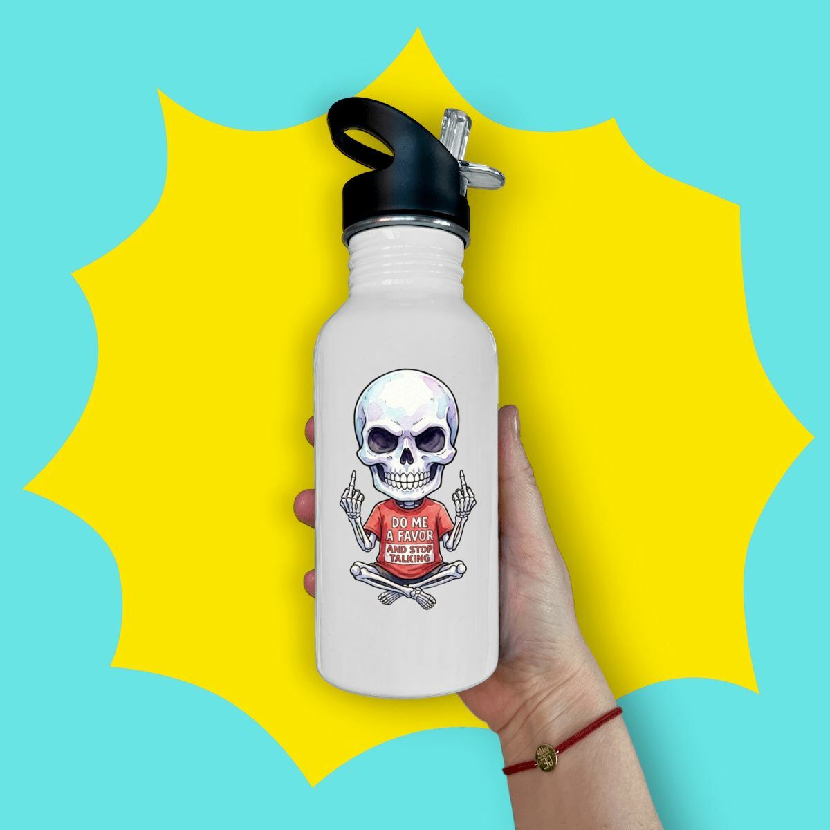 Image front Stainless steel water bottle with straw: Meditating Skeleton Design