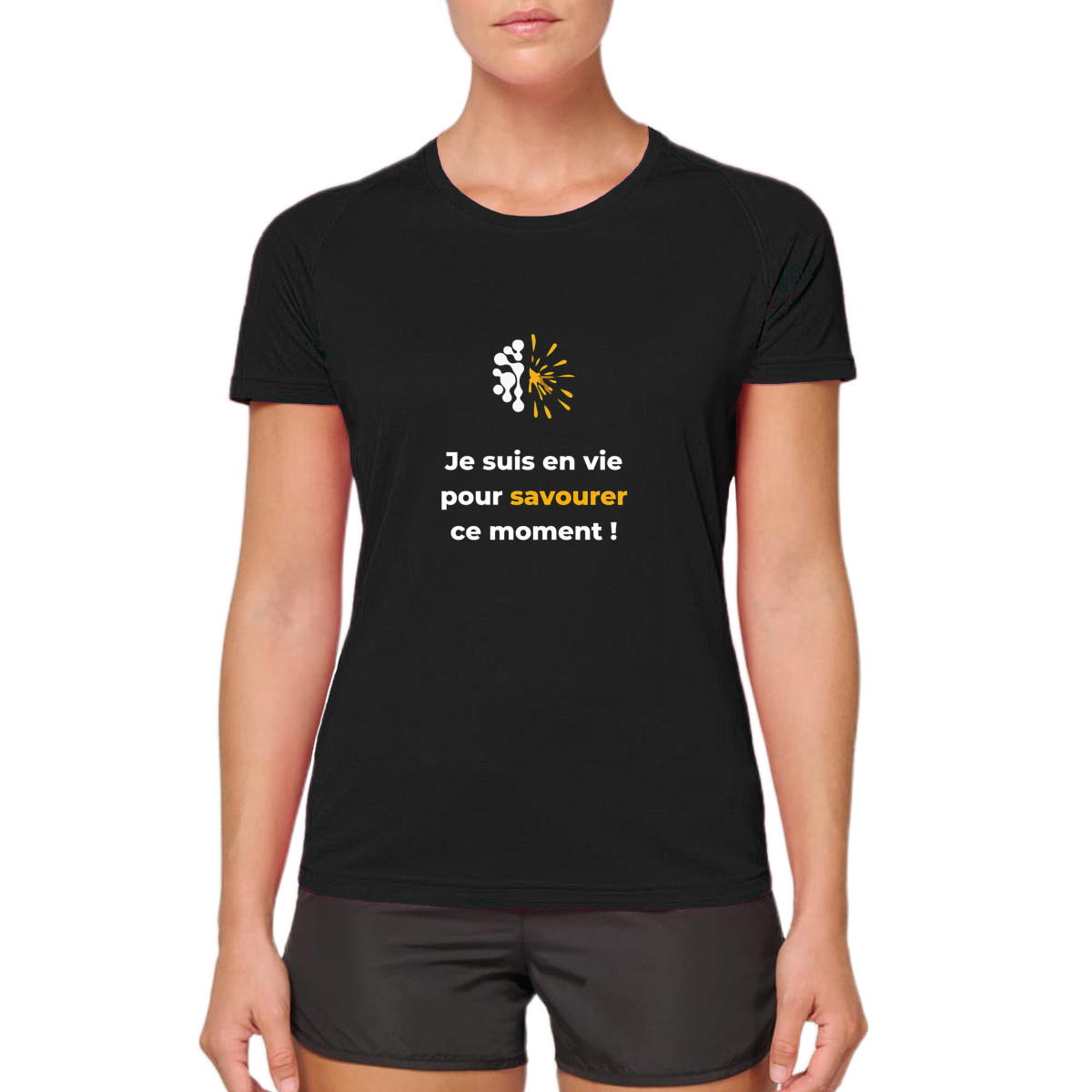 Image front T-shirt de sport sombre Femme - Vib - Savourer ce moment