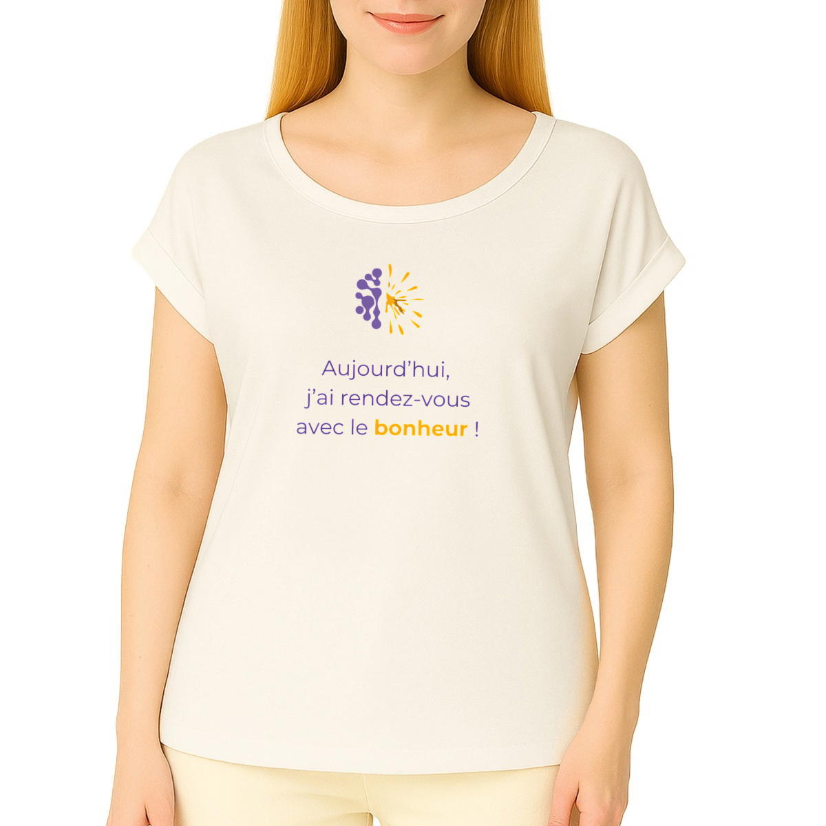 Image front T-shirt clair Manches à revers Femme - Vib - J'ai RDV avec le bonheur