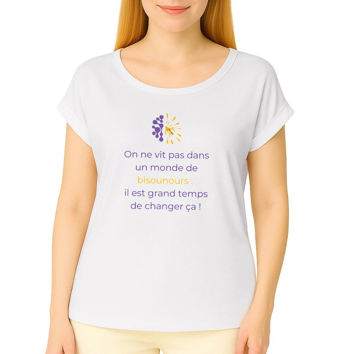 Image front T-shirt clair Manches à revers Femme - Vib - Pas des bisounours
