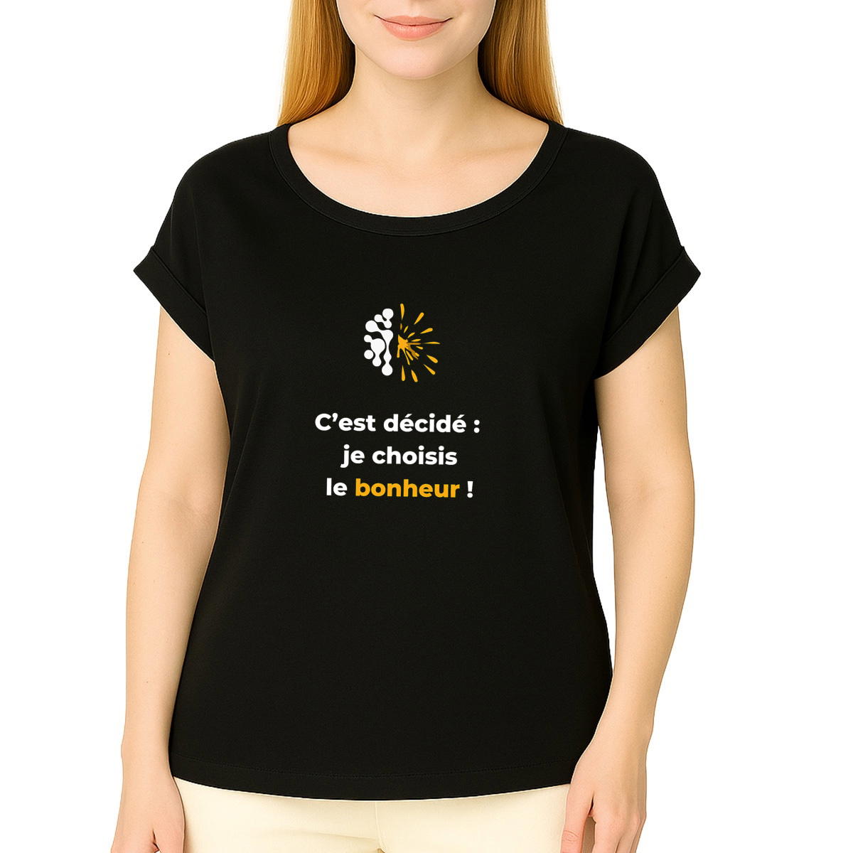 Image front T-shirt Manches à revers sombre Femme - Vib - Je choisis le bonheur