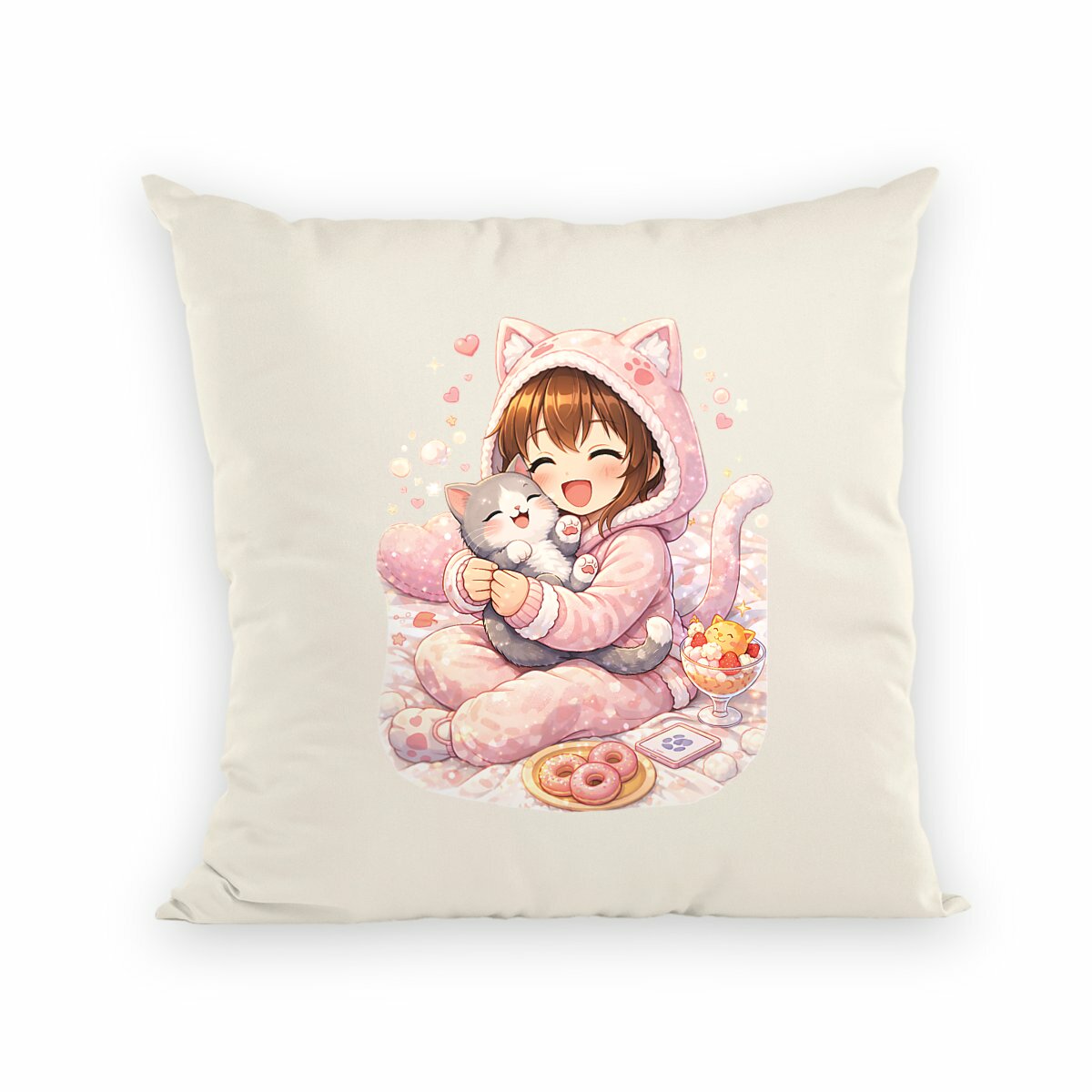 Image back Coussin Petite Fille Kawaii & Chaton