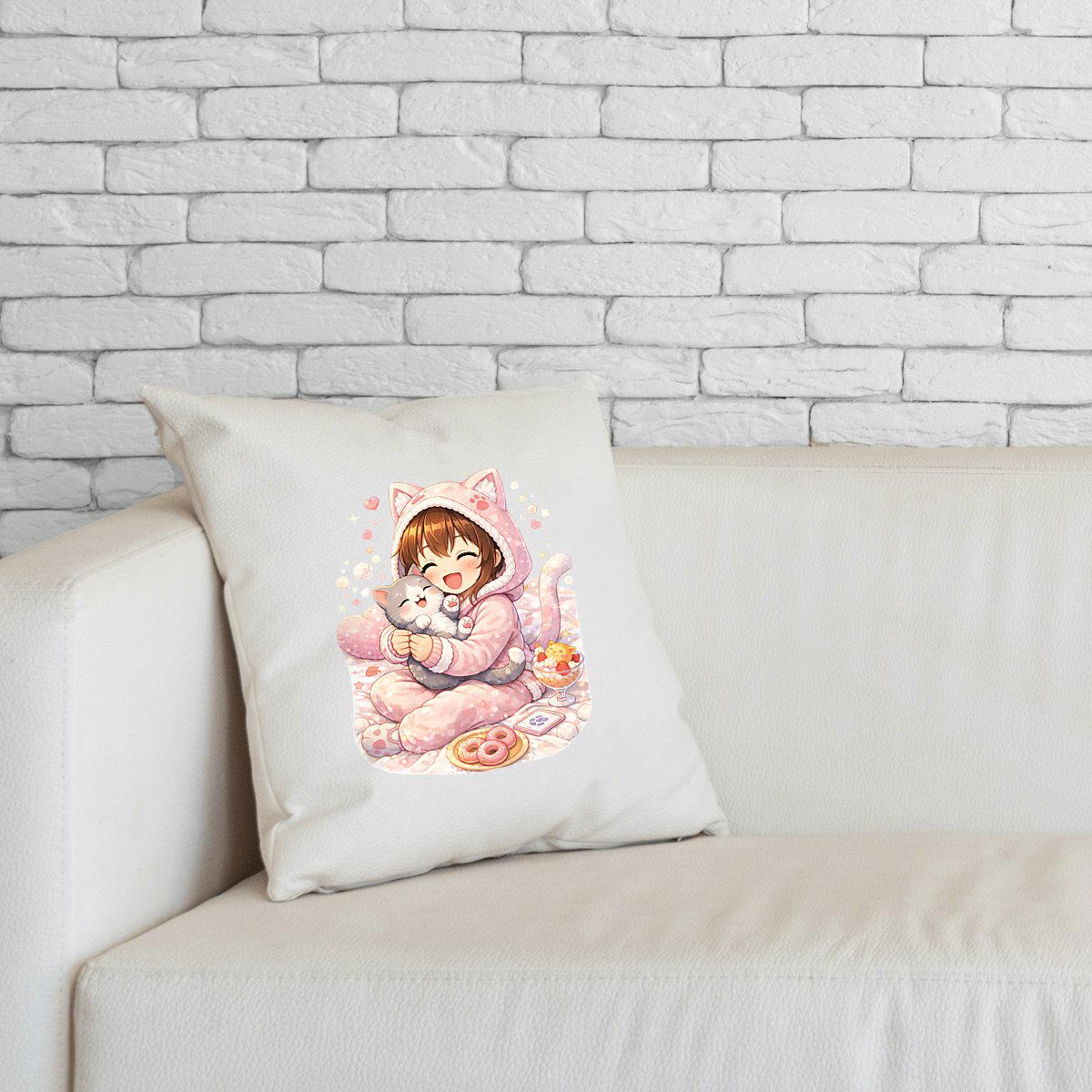 Image front Coussin Petite Fille Kawaii & Chaton