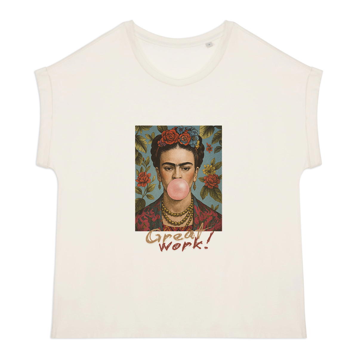 Image front T-shirt femme biologique manches à revers - Frida Kahlo con chicle