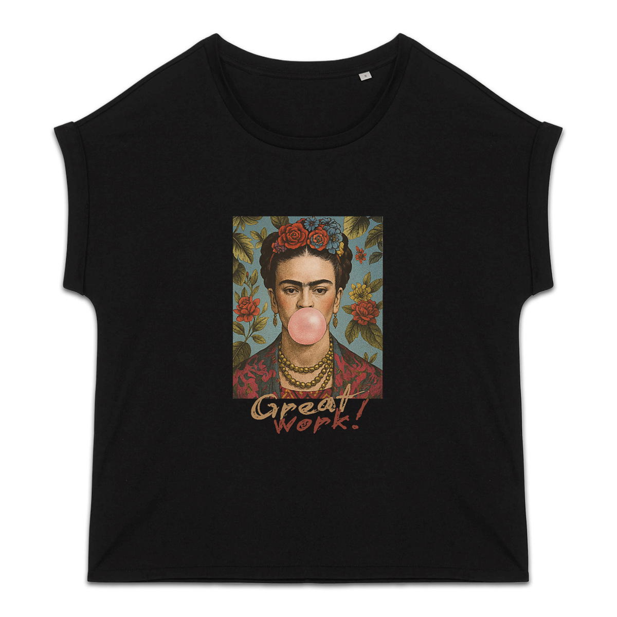 Image front T-shirt femme biologique manches à revers - Frida Kahlo con chicle