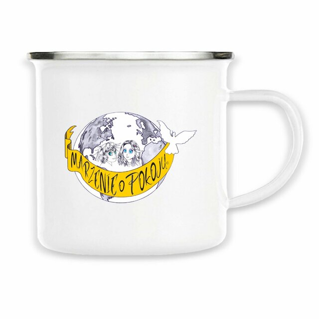 Image back Mug Métal « Rêve de Paix ».PO- Manga avec 2 ados +banderole en polonais. D97-N39