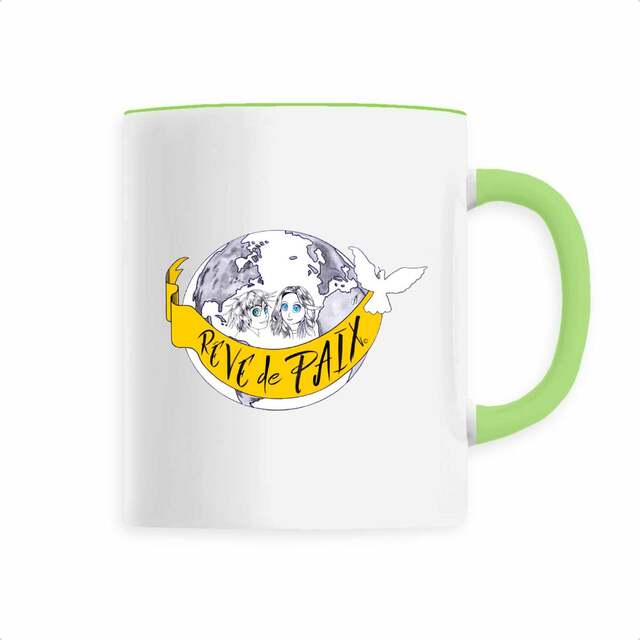 Image back Mug Céramique «Rêve de Paix ». Manga avec 2 ados et banderole. D93-N40