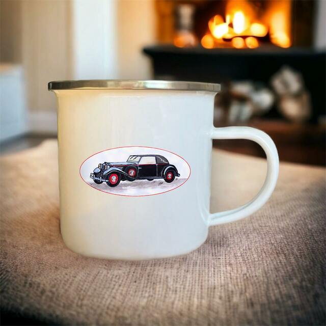 Image front Mug Métal « Voiture ancienne ». Voiture ancienne médaillon JFD. D39M-N39