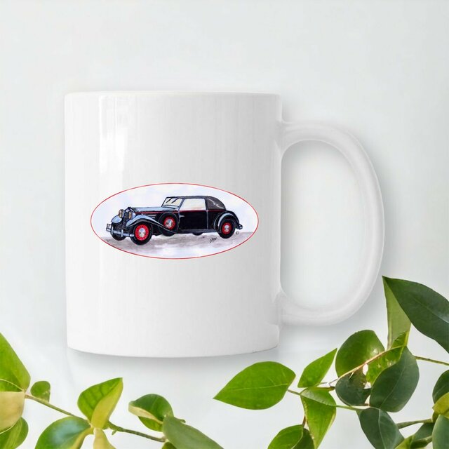 Image front Mug Céramique « Voiture ancienne ». Voiture ancienne médaillon JFD. D39M-N40