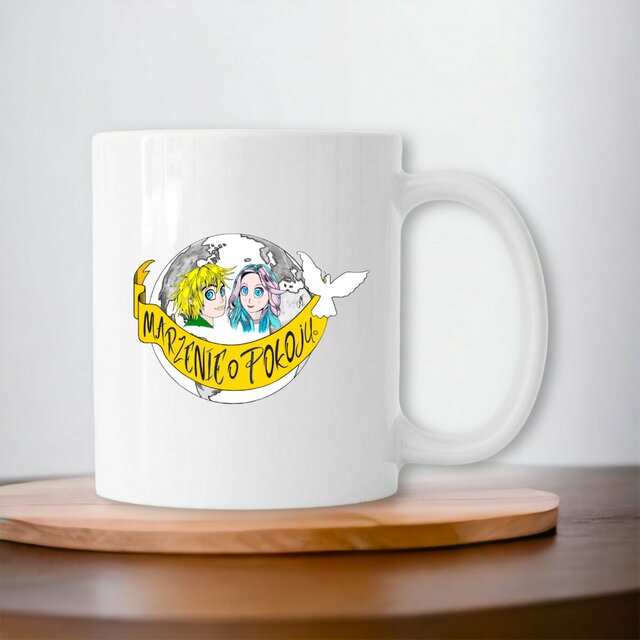 Image front Mug Céramique « Rêve de Paix ». PO-Manga couleur – Ados-Banderole en polonais. DBA4-N40