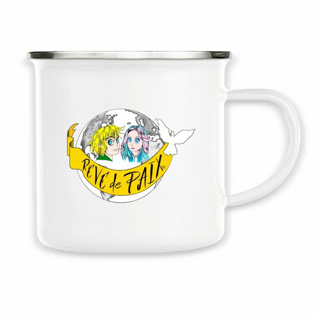 Image back Mug Métal « Rêve de Paix ». Manga couleur avec 2 ados et banderole. DBAA-N39 