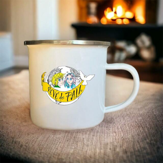 Image front Mug Métal « Rêve de Paix ». Manga couleur avec 2 ados et banderole. DBAA-N39 