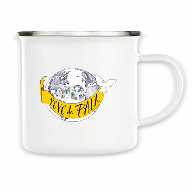 Image back Mug Métal « Rêve de Paix ». Manga avec 2 ados et banderole. D93-N39