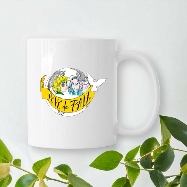 Image front Mug Céramique « Rêve de Paix ». Manga couleur avec 2 ados et banderole. DBAA-N40 