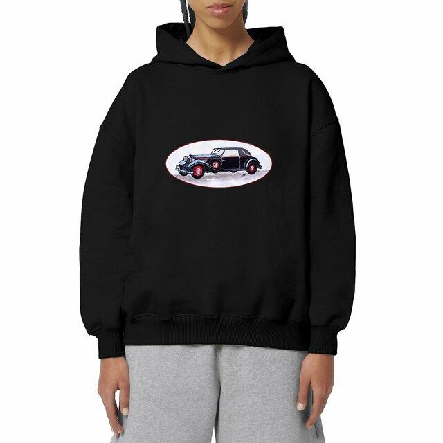 Image front Sweat à capuche Unisexe Oversized «Voiture ancienne». Voiture en médaillon. D39M-N10