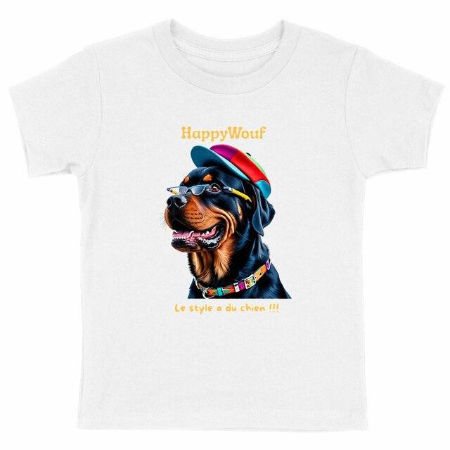 Image front T-shirt enfant HappWouf Rottweiler "le style a du chien" - 6 couleurs disponibles
