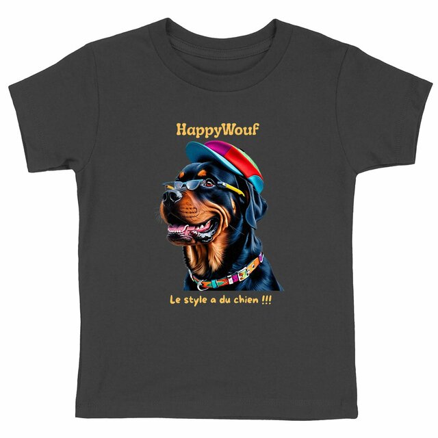 Image back T-shirt enfant HappWouf Rottweiler "le style a du chien" - 6 couleurs disponibles