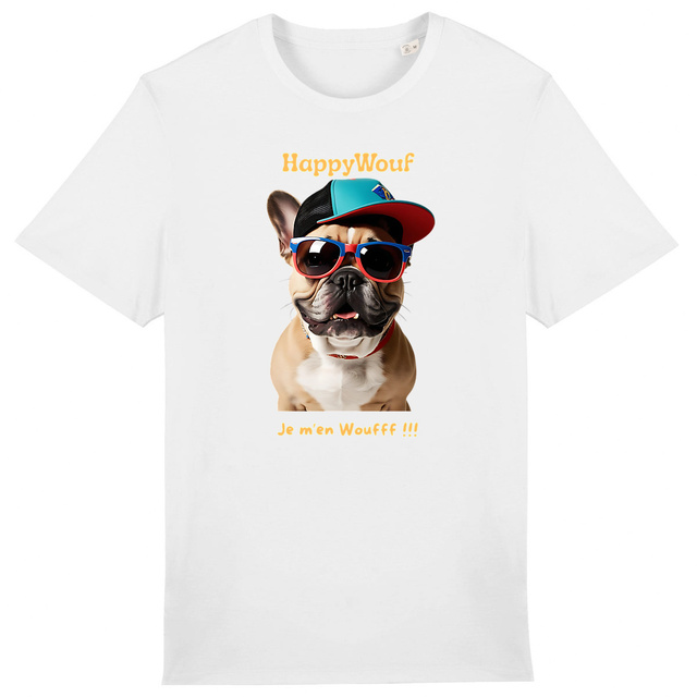 Image front T-shirt adulte HappyWouf Bouledogue français "le style a du chein" - 8 couleurs disponibles