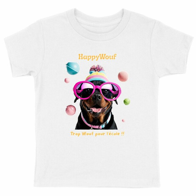 Image front T-shirt enfant HappyWouf - Rottweiler - Trop Wouf pour l'école - 6 couleurs disponibles 