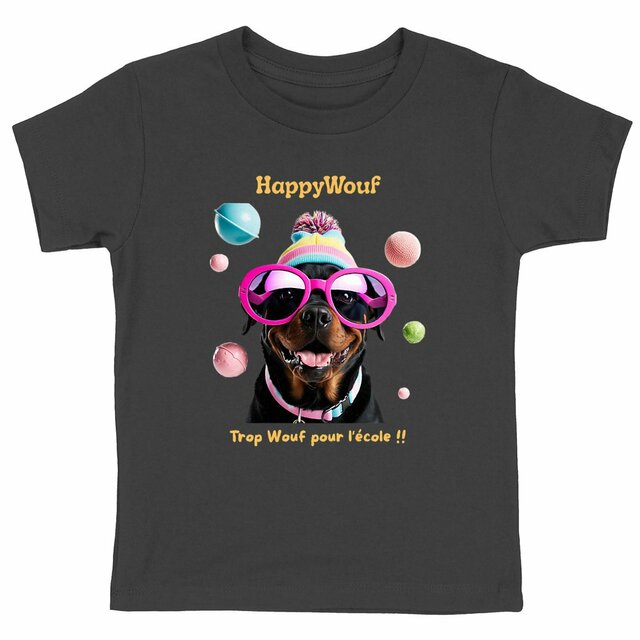 Image back T-shirt enfant HappyWouf - Rottweiler - Trop Wouf pour l'école - 6 couleurs disponibles 
