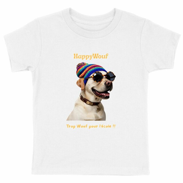 Image front T-shirt enfant HappyWouf - Labrador - Trop Wouf pour l'école - 6 couleurs disponibles