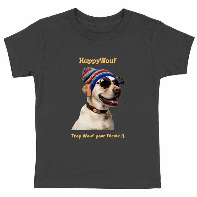 Image back T-shirt enfant HappyWouf - Labrador - Trop Wouf pour l'école - 6 couleurs disponibles