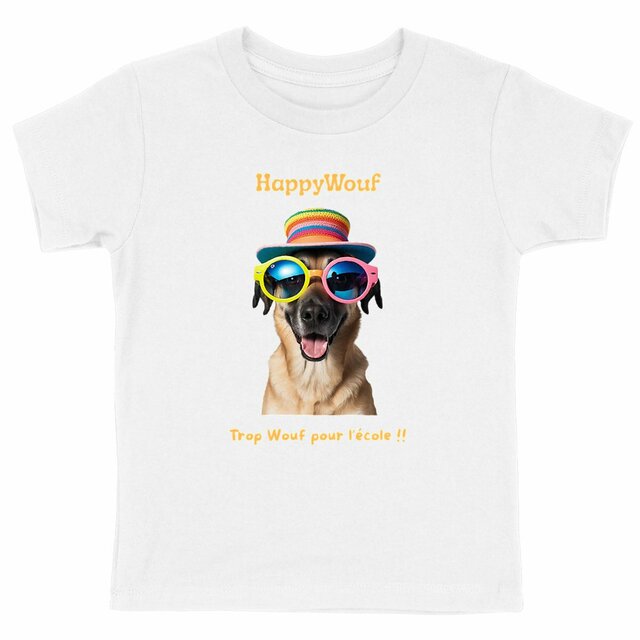 Image front T-shirt enfant HappyWouf - Berger Allemand - Trop Wouf pour l'école - 6 couleurs disponibles