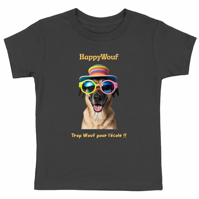 Image back T-shirt enfant HappyWouf - Berger Allemand - Trop Wouf pour l'école - 6 couleurs disponibles