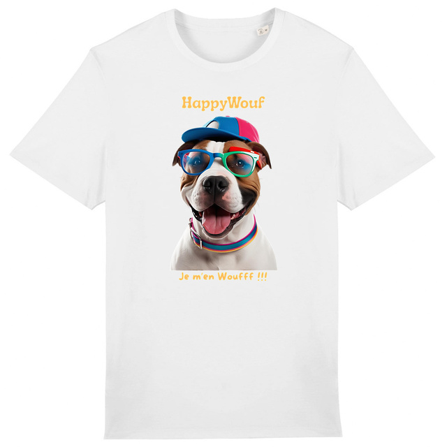 Image front T-shirt adulte HappyWouf Staffie "je m'en Wouf" - 8 couleurs disponibles 