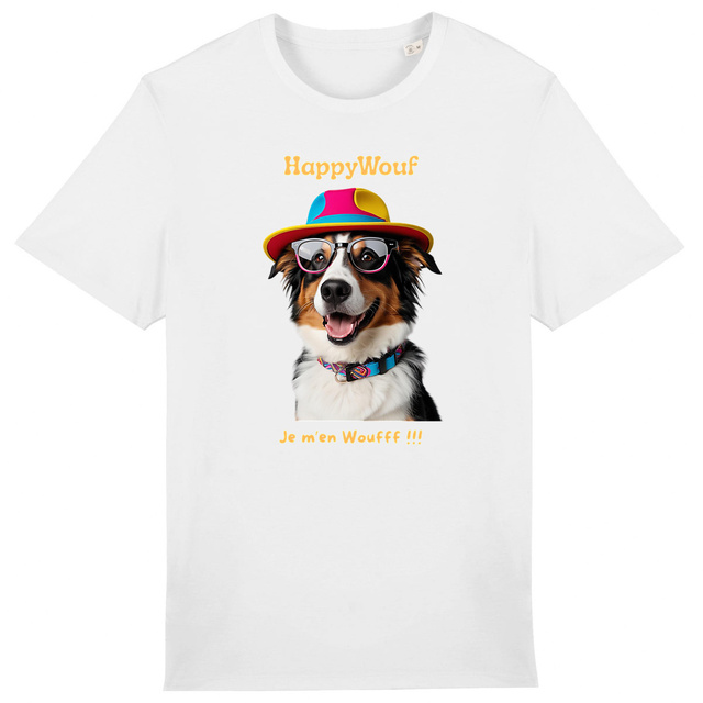 Image front T-shirt adulte HappyWouf Berger Australien "je m'en Wouf" - 8 couleurs disponibles 