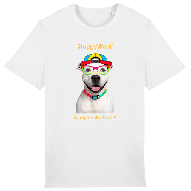 Image front T-shirt adulte HappyWouf Staffie "le style a du chien"