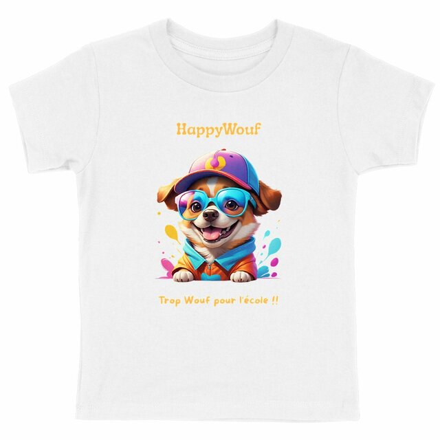 Image front T-shirt enfant HappyWouf - Chien mignon - Trop Wouf pour l'école - 6 couleurs disponibles 