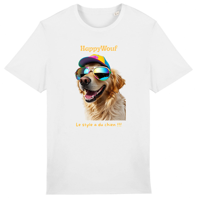 Image front T-shirt adulte HappyWouf Golden retriever "le style a du chien"