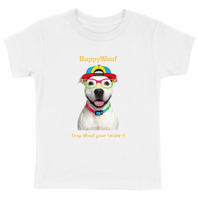 Image front T-shirt enfant HappyWouf - Staffie - Trop Wouf pour l'école - 6 couleurs disponibles 