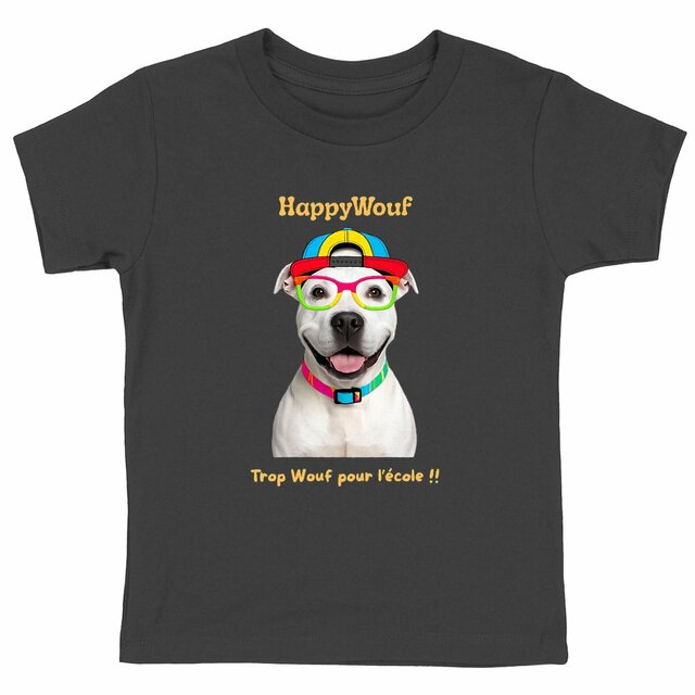 Image back T-shirt enfant HappyWouf - Staffie - Trop Wouf pour l'école - 6 couleurs disponibles 