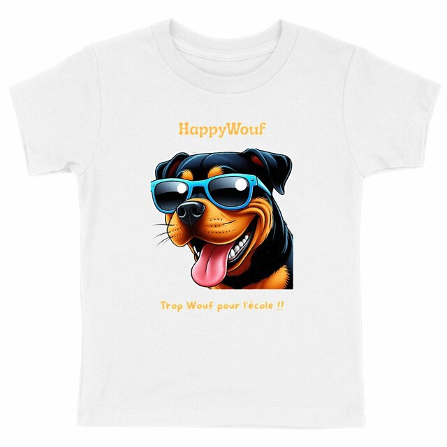 Image front T-shirt enfant HappyWouf - Rottweiler Cartoon - Trop Wouf pour l'école - 6 couleurs disponibles
