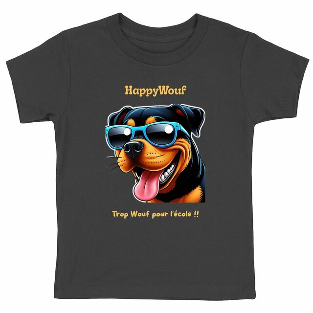 Image back T-shirt enfant HappyWouf - Rottweiler Cartoon - Trop Wouf pour l'école - 6 couleurs disponibles