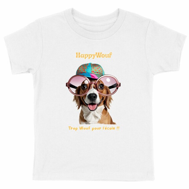Image front T-shirt enfant HappyWouf - Berger Australien - Trop Wouf pour l'école - 6 couleurs disponibles