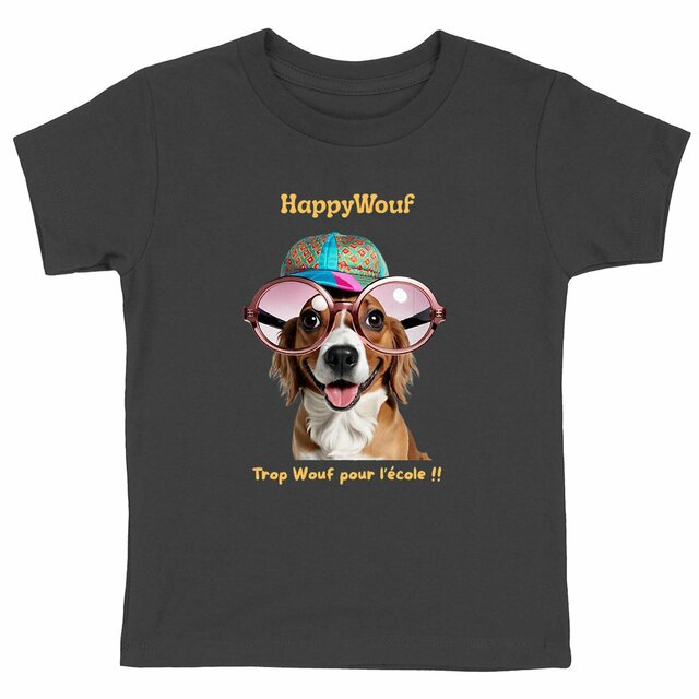 Image back T-shirt enfant HappyWouf - Berger Australien - Trop Wouf pour l'école - 6 couleurs disponibles