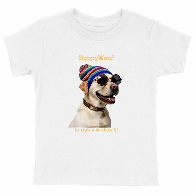 Image front T-shirt enfant HappWouf labrador "le style a du chien" - 6 couleurs disponibles