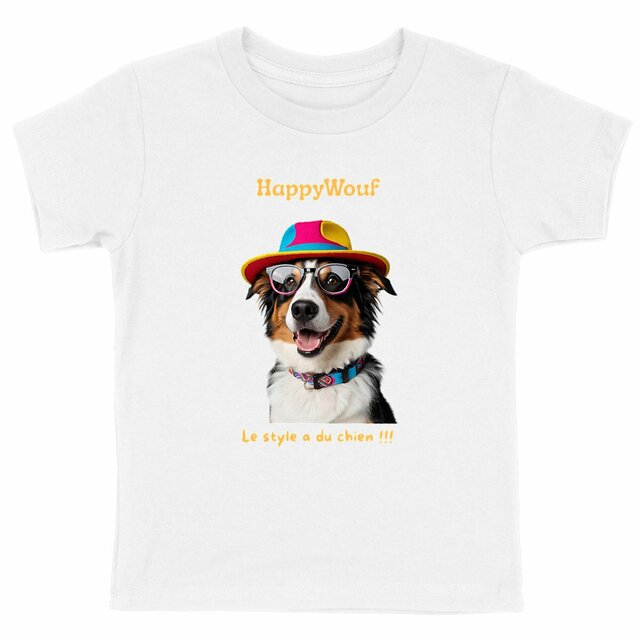 Image front T-shirt enfant HappyWouf Berger Australien "le style a du chien" - 6 couleurs disponibles
