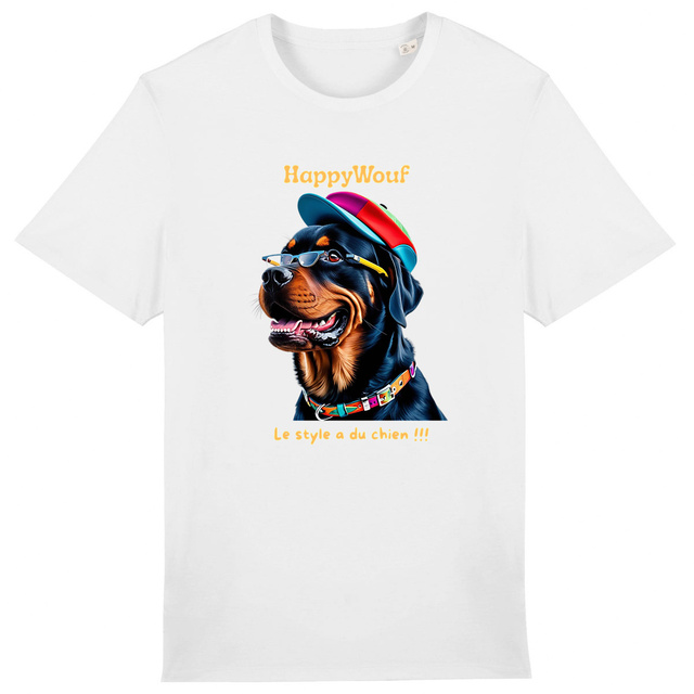 Image front T-shirt adulte HappyWouf Rottweiler "le style a du chien" - 8 couleurs disponibles