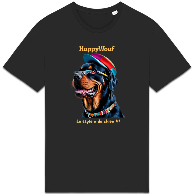 Image back T-shirt adulte HappyWouf Rottweiler "le style a du chien" - 8 couleurs disponibles