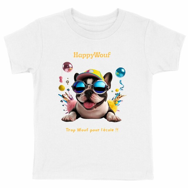 Image front T-shirt enfant HappyWouf - Chien mignon - Trop Wouf pour l'école - 6 couleurs disponibles 