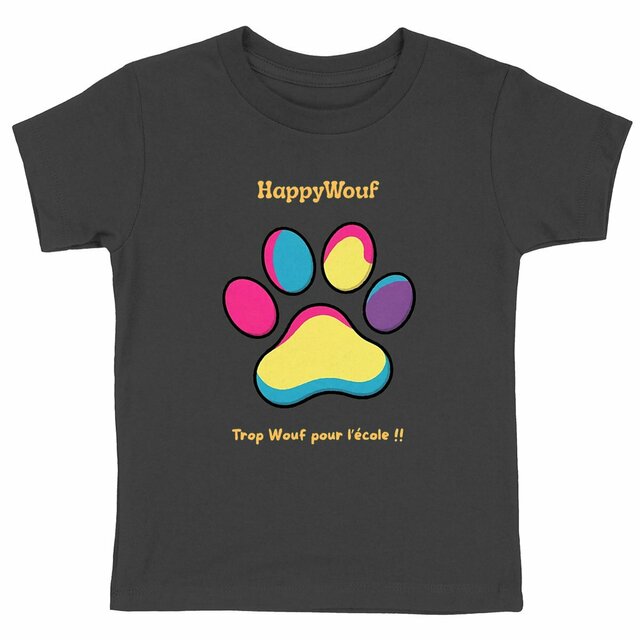 Image back T-shirt enfant HappyWouf - Patte de chien - Trop Wouf pour l'école - 6 couleurs disponibles