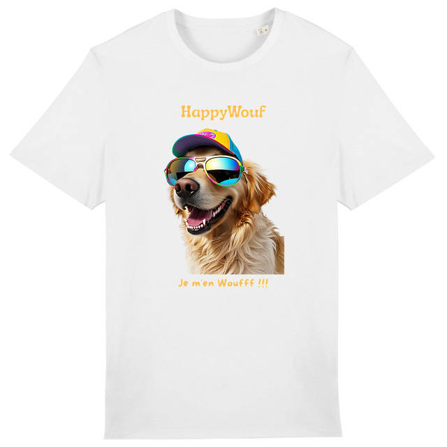 Image front T-shirt adulte HappyWouf Golden Retriever "je m'en Wouf" - 8 couleurs disponibles 