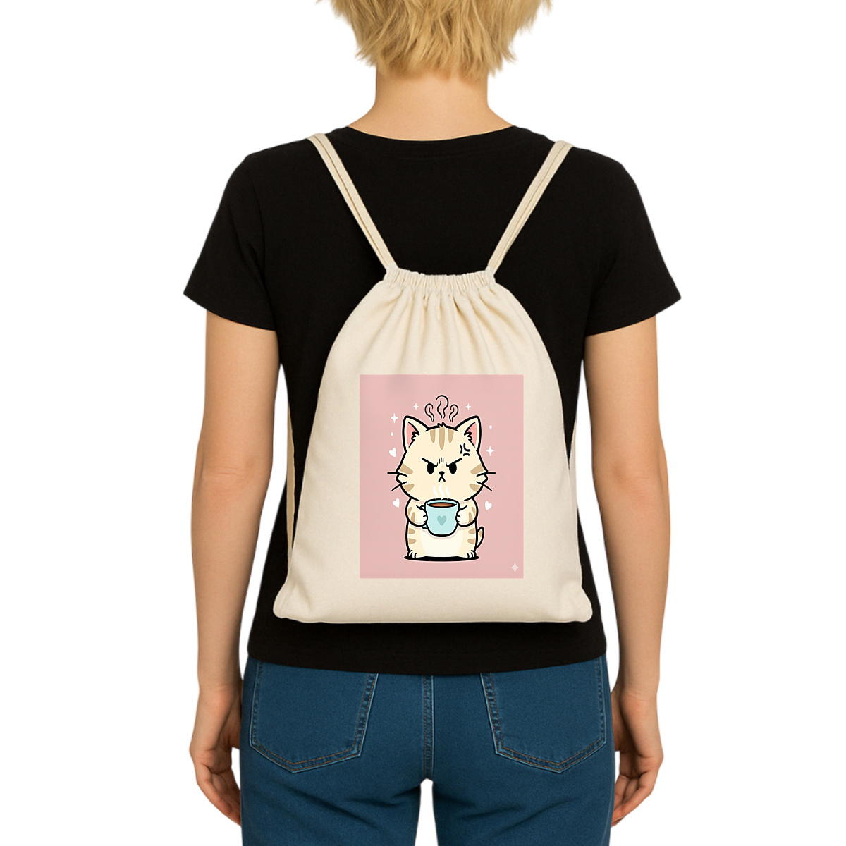 Recycled drawstring backpack: Adorable Kitten with Coffee Mug